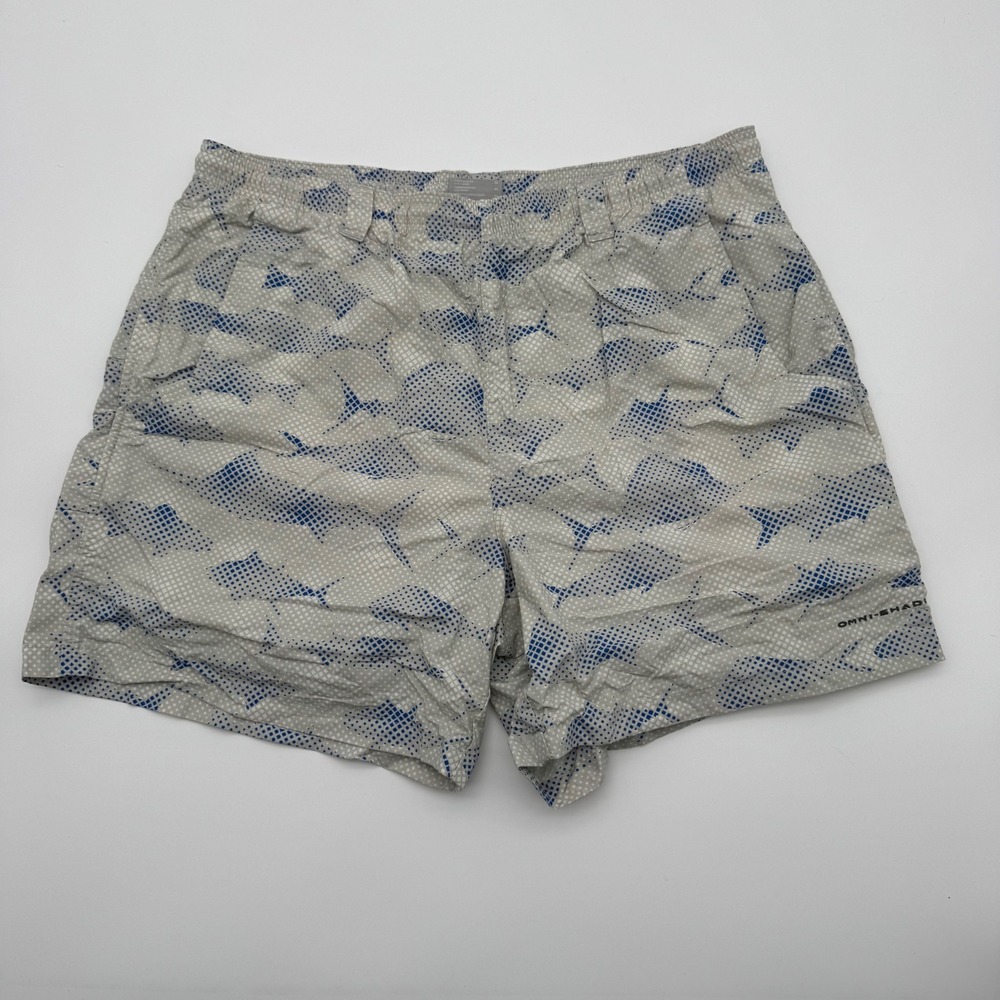 Columbia PFG Mens Gray Blue Fish Print Fishing Shorts Medium Omni-Shade